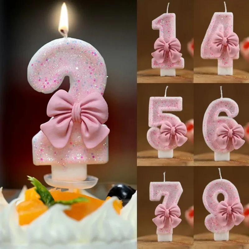 Cake Candles Decorative Candles Cute Sequin Pink Big Number Bowknot 3D Design Cake Topper