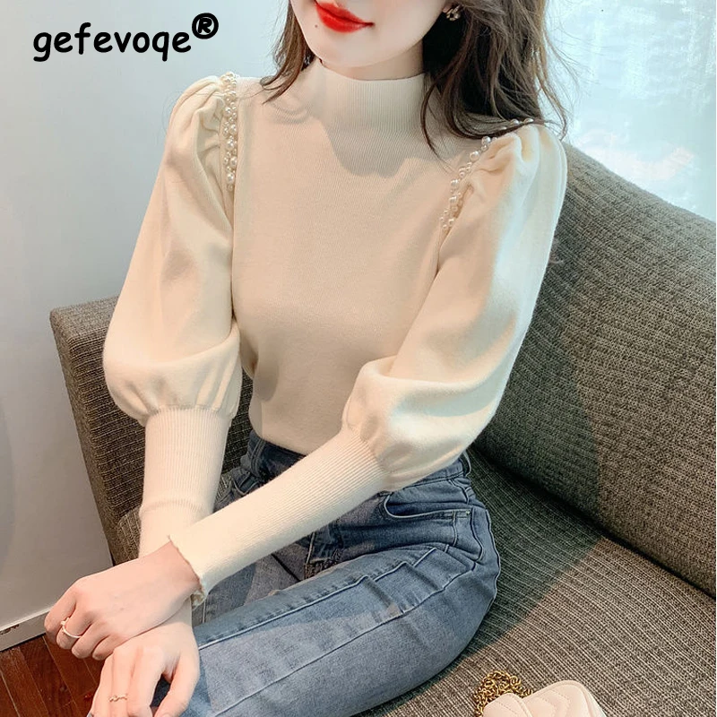 

New Autumn Winter Women Trendy Half High Collar Beaded Chic Sweet Knitwear Casual Solid Long Sleeve Slim Elegant Knitted Sweater