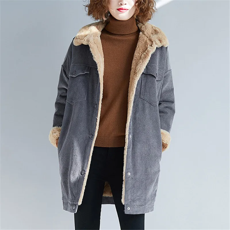 Autumn and Winter Women Long-sleeved Jacket Ladies Lamb Wool Long Coat Corduroy Solid Coat Female Single-breasted Casual Jacket