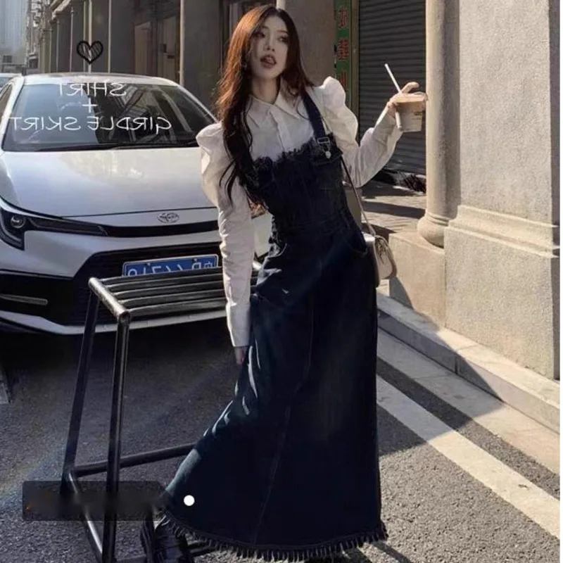 

2023 Autumn New Denim Strap Dress Women Retro Academy Style Long Dress Puff Sleeve Stacked Long Sleeve Shirts Real Time Dress