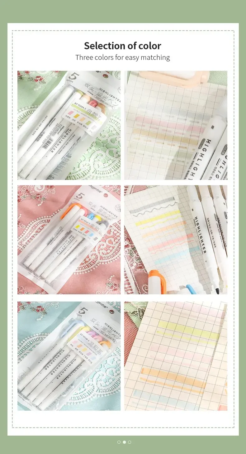 JIANWU 5 Pcs/set Morandi Macaron Color Double-ended Highlighter Set Write Smoothly Creative DIY Student Supplies Stationery