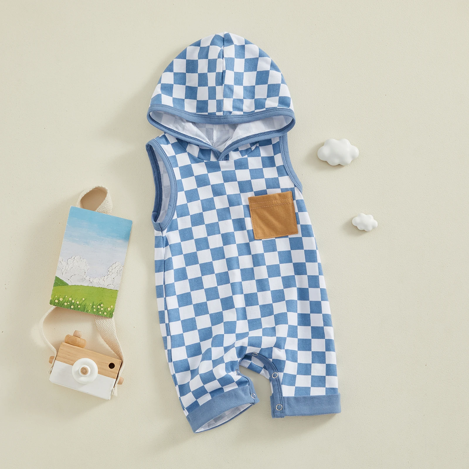 FOCUSNORM 4 Colors Toddler Baby Boys Rompers Checkerboard Plaid Print Sleeveless Hooded Pocket Jumpsuits Summer Clothes