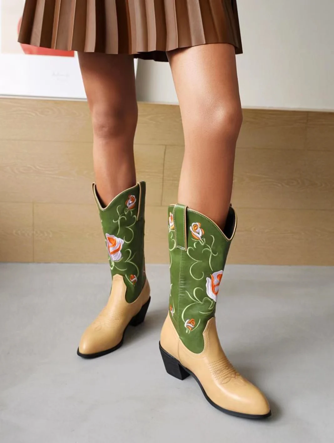 

Womens Cowboy Stamp Cowgirl Mid Calf Boots Embroidered Pointed Toe Stacked Heel Autumn Winter Slip On Green Shoes Brand Design
