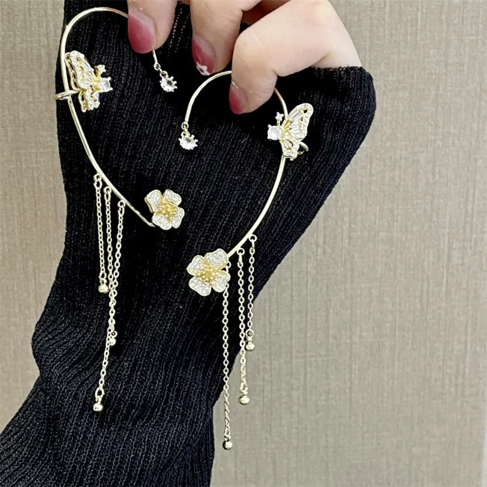 Shiny Zircon Butterfly Ear Cuff Gold Color Tassel Clip Earrings For Women Korean Copper Without Piercing Fashion Jewelry