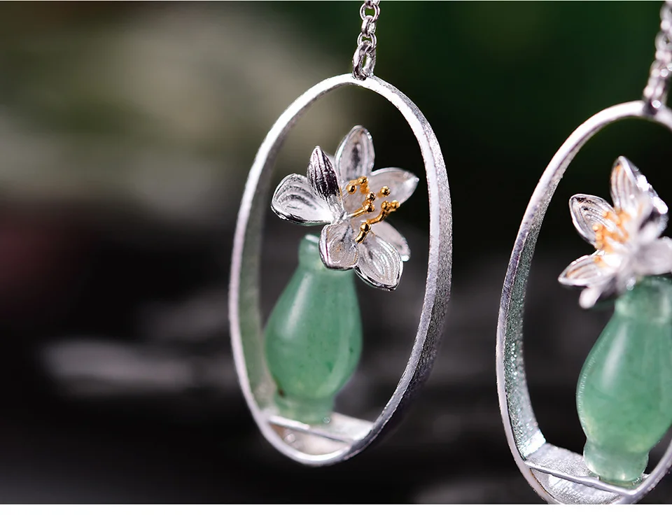 Silver Handmade Natural Stone Flower With Vase Drop Earrings