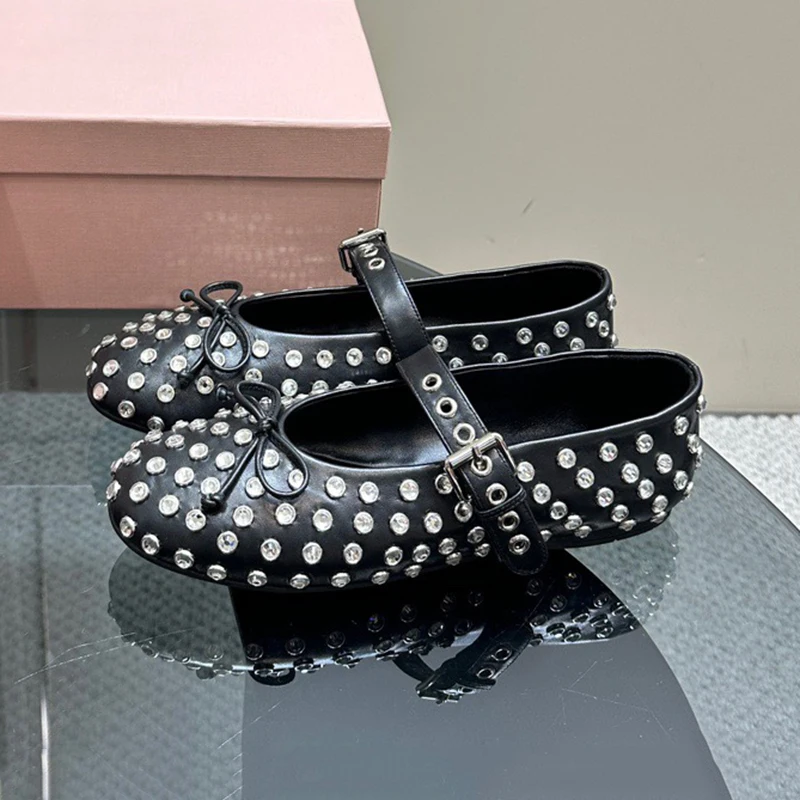 

Women's Ballet Flat Shoes Autumn New Crystal Decor Upper Round Toe Female Loafers Buckle Strap Design Non-slip Leisure Shoes