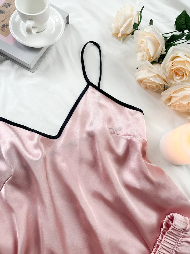 Umenlele Women's Satin Pajama Set - V-Neck Ruffle Short Sleeve Top & Shorts, Rose Color, Size X-Large - View #8