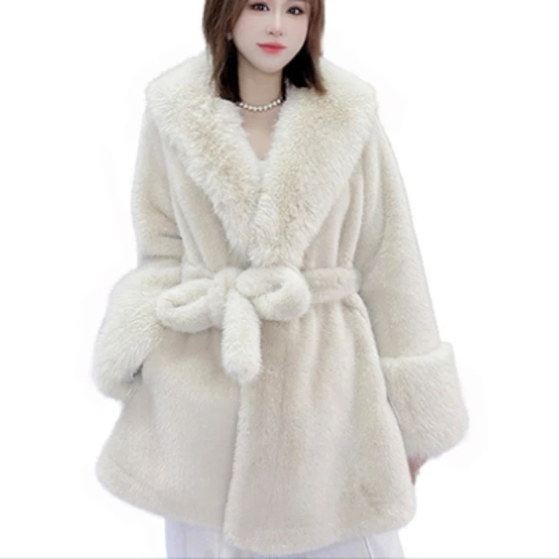 2023 Women Winter New Big Fur Collar Long Sleeve Fashion Lace Up Faux Fur Female Solid Color Mid Length Artificial Fur Coat