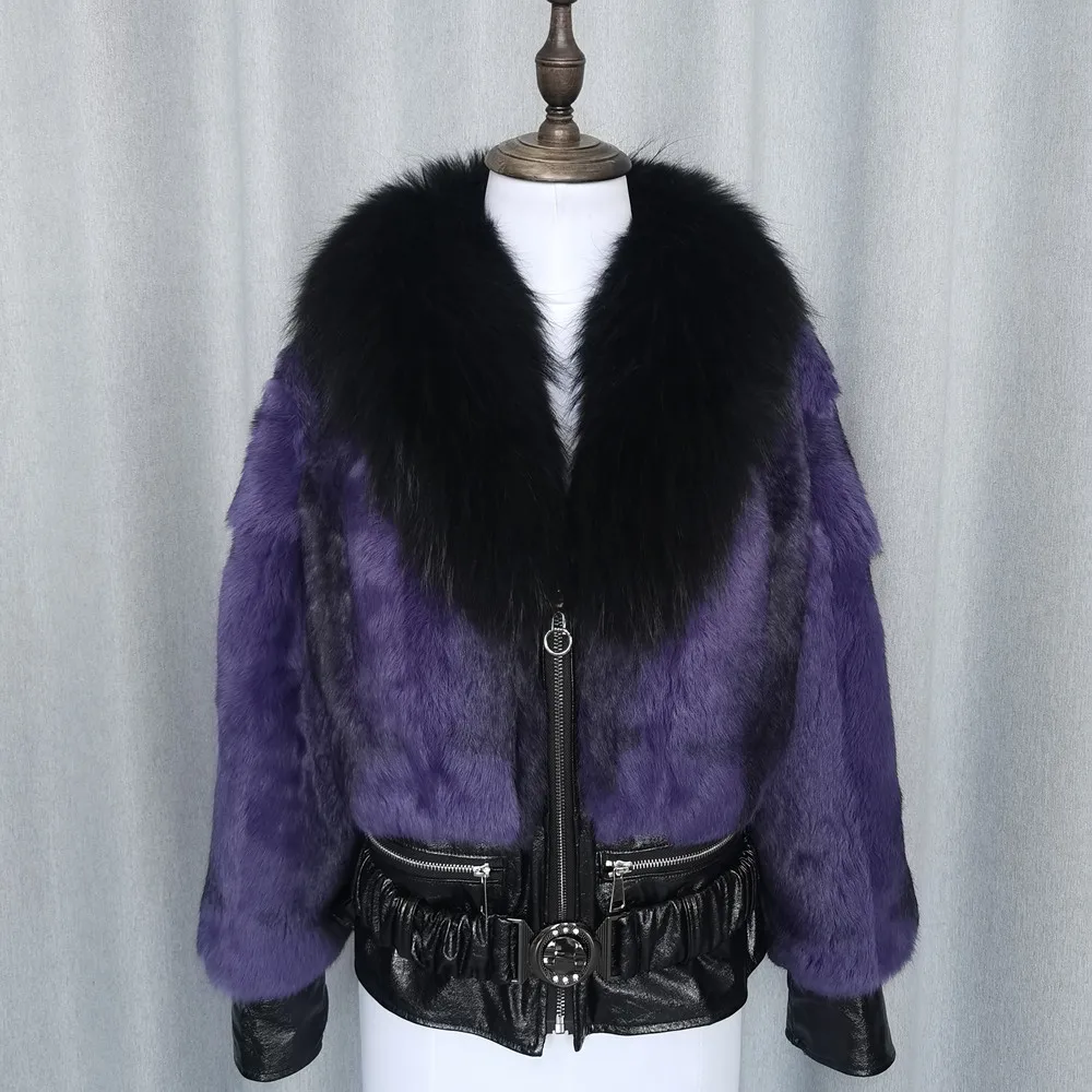 

leather jacket Natural fur white Cross stripe Sexy women's wear Angora rabbit fur female fur coat Zipper short Real fur