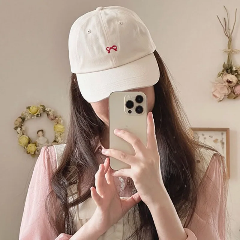 

Korean Small Bow Embroidered Versatile Baseball Hat Men's and Women's Simple Pure Cotton High-quality Casual Sunshade Sports Cap
