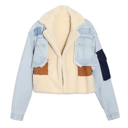 Novo plus veludo denim grosso emenda cordeiro cabelo lapela algodão vestuário casaco
