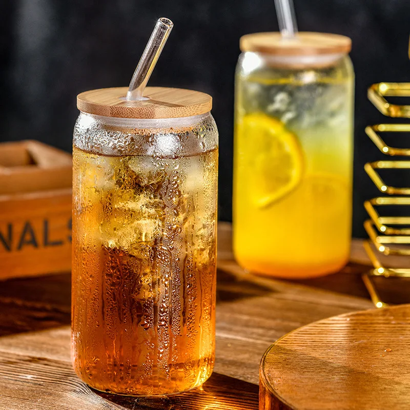 480ml Glass Cup With Lid and Straw Transparent Bubble Tea Cup Juice Glass Beer Can Milk Mocha Cups Breakfast Mug Drinkware 2
