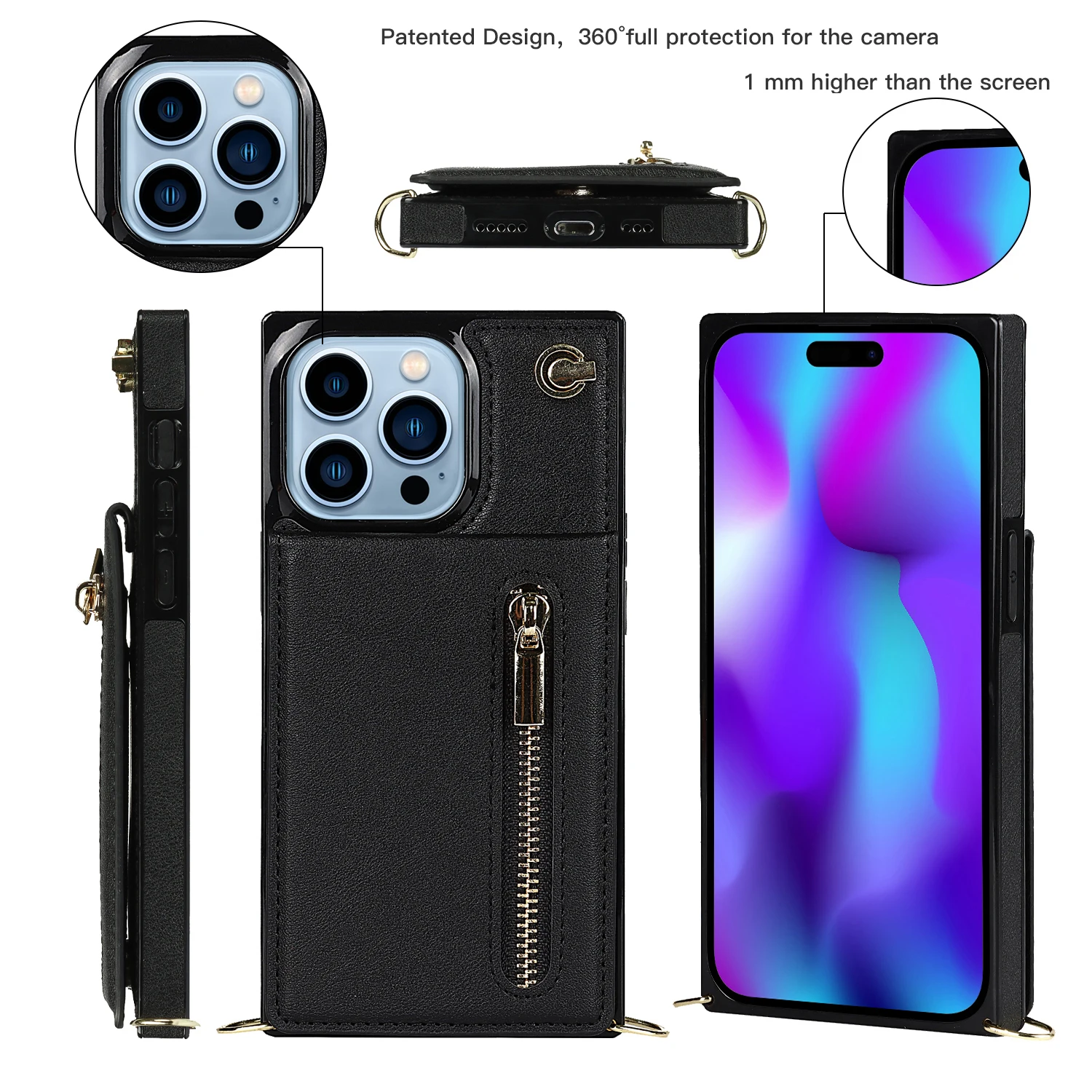 Crossbody Leather Wallet Case, Zipper Card Holder, Pocket Kickstand, Flip Cover for iPhone 15 Pro Max, 14, 13, 12, 11, XR, Xs, 8