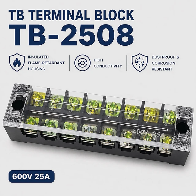 1PCS TB2508 Dual Row Thick Copper Screw Terminal Block Flame Retardant Grounding Strip Wire Connector Durable 600V 25A 1