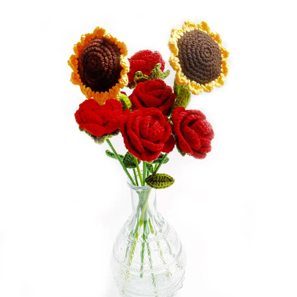 Hand Woven Roses Tulip Simulation Flower Preparation Handmade Flower Diy Wool Knitting Homemade Crochet Bouquet Finished Product