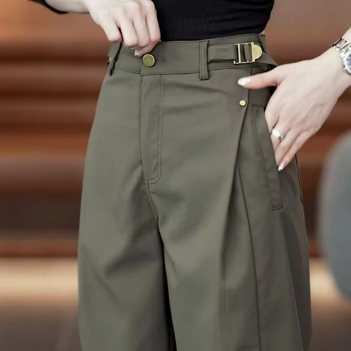 Army Green Wide-Leg Overalls Pants Women Spring Autumn 2026New Drape High Waist Trousers Loose Slim Narrow Straight Pants Female