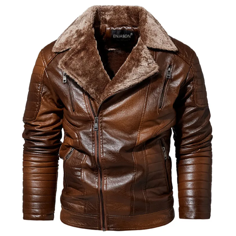 Men's Leather Jacket Winter Fleece Faux Vintage Asymmetric Zip Motorcycle Jacket Warm Fur Collar Bomber Jackets Coat