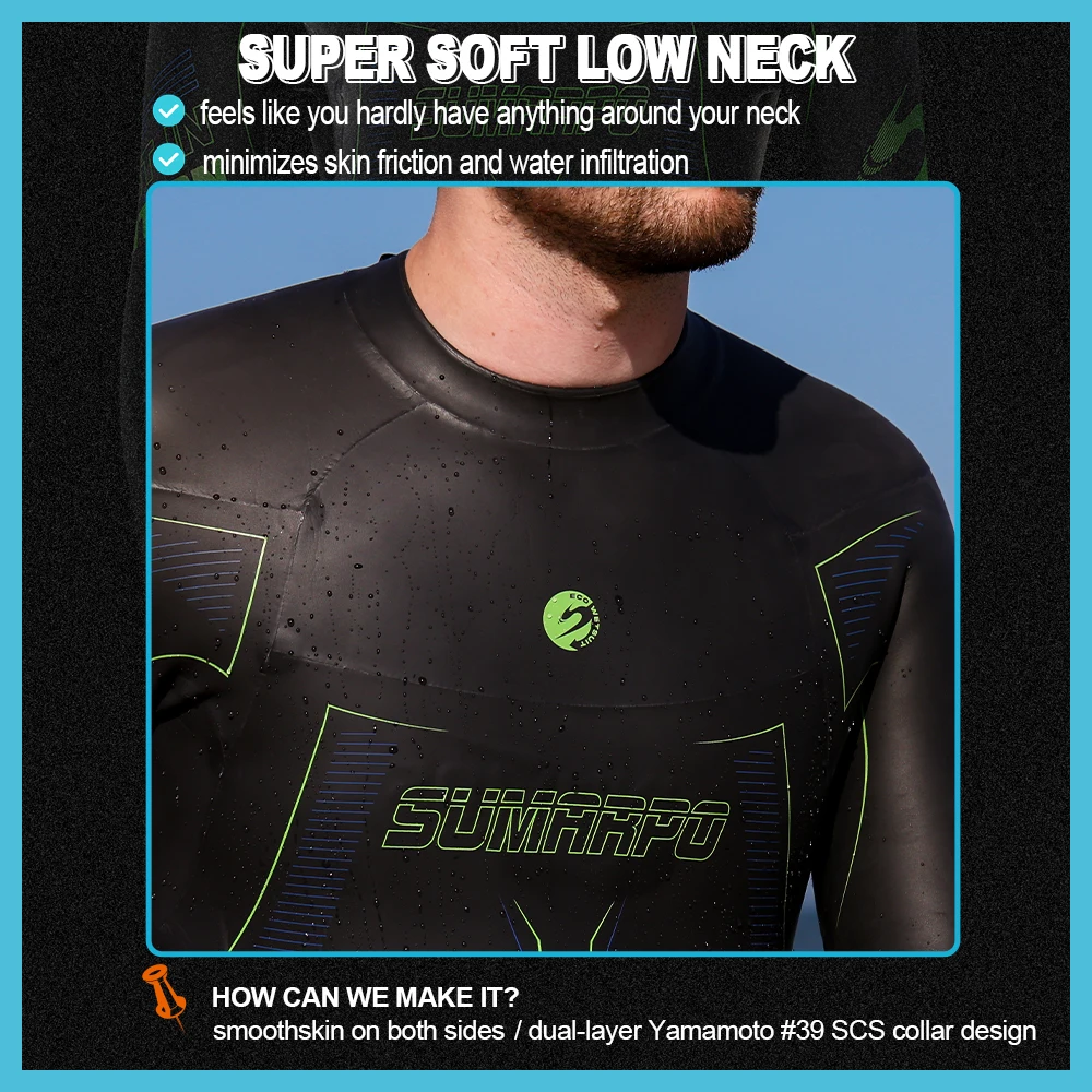 SUMARPO Triathlon Wetsuit for Men NJOY, 3/2MM Yamamoto Smoothskin Neoprene for Open Water Swimming, Fina Appreoved 3