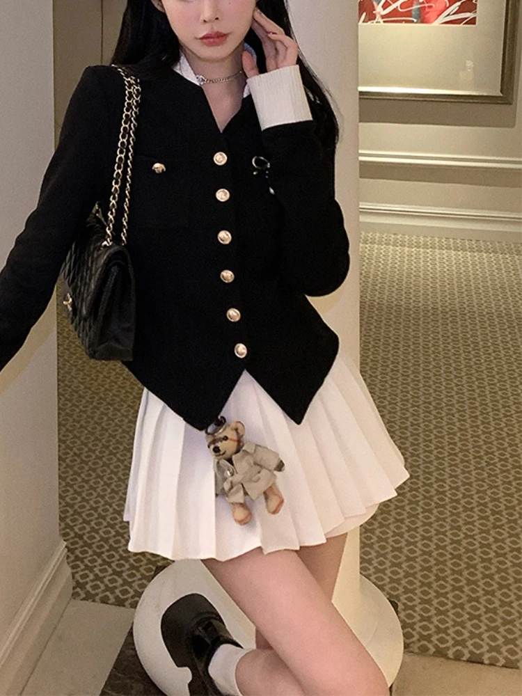 Black Vintage Two Piece Set Women Japanese Short Blazer Coat