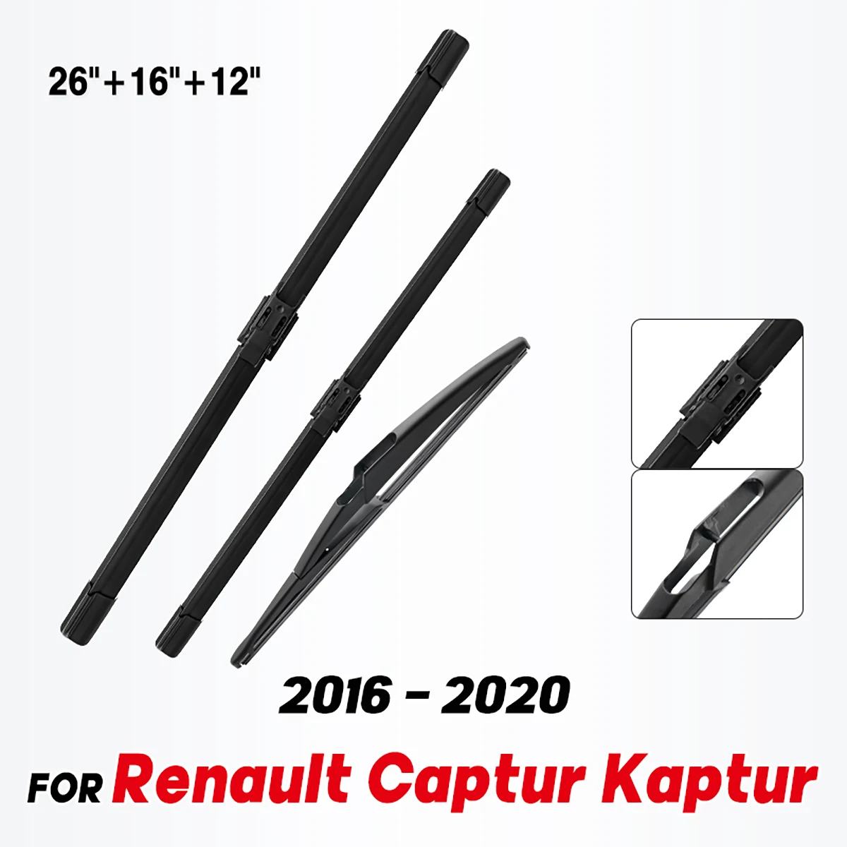 

Щетки стеклоочистителя LHD передние и задние для Renault Captur Kaptur 2016-2020, лобовое стекло, искусственное стекло 26 дюймов + 16 дюймов + 12 дюймов