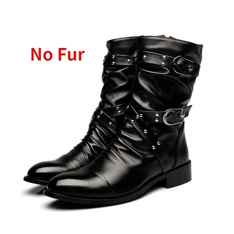 Botas de invierno a media pantorrilla con punta estrecha para hombre, botas Chelsea con correa y hebilla, botas de cuero para motocicleta, zapato de invierno para hombre de caña alta
