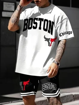 The 2025 summer new men's adult set features Harajuku cartoon 3D printed polyester fiber, which is breathable and lightweight
