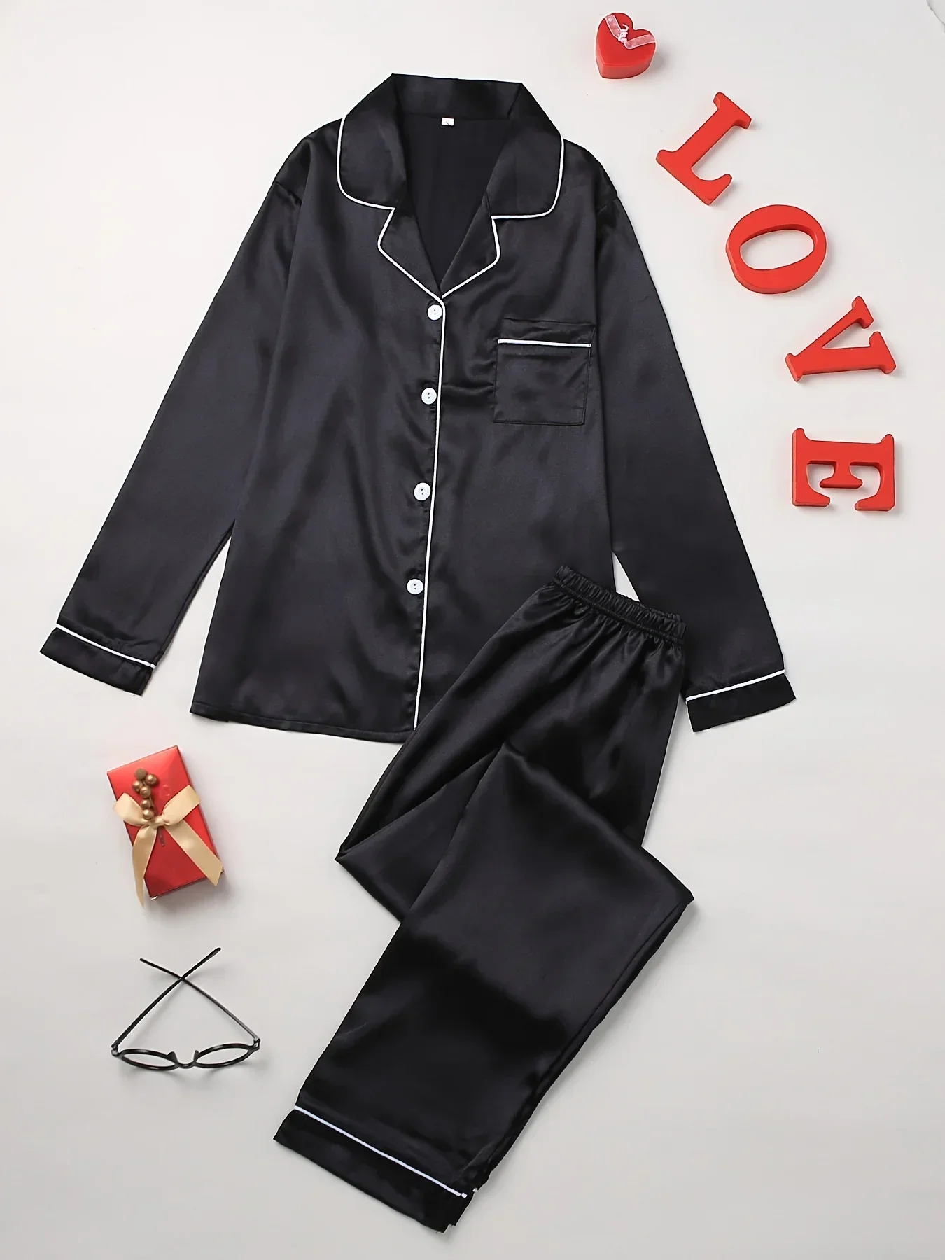 Solid Pajama Set Long Sleeve Button Up Lapel Top & Pants Set  Women's Sleepwear & Loungewear silk pajamas for women