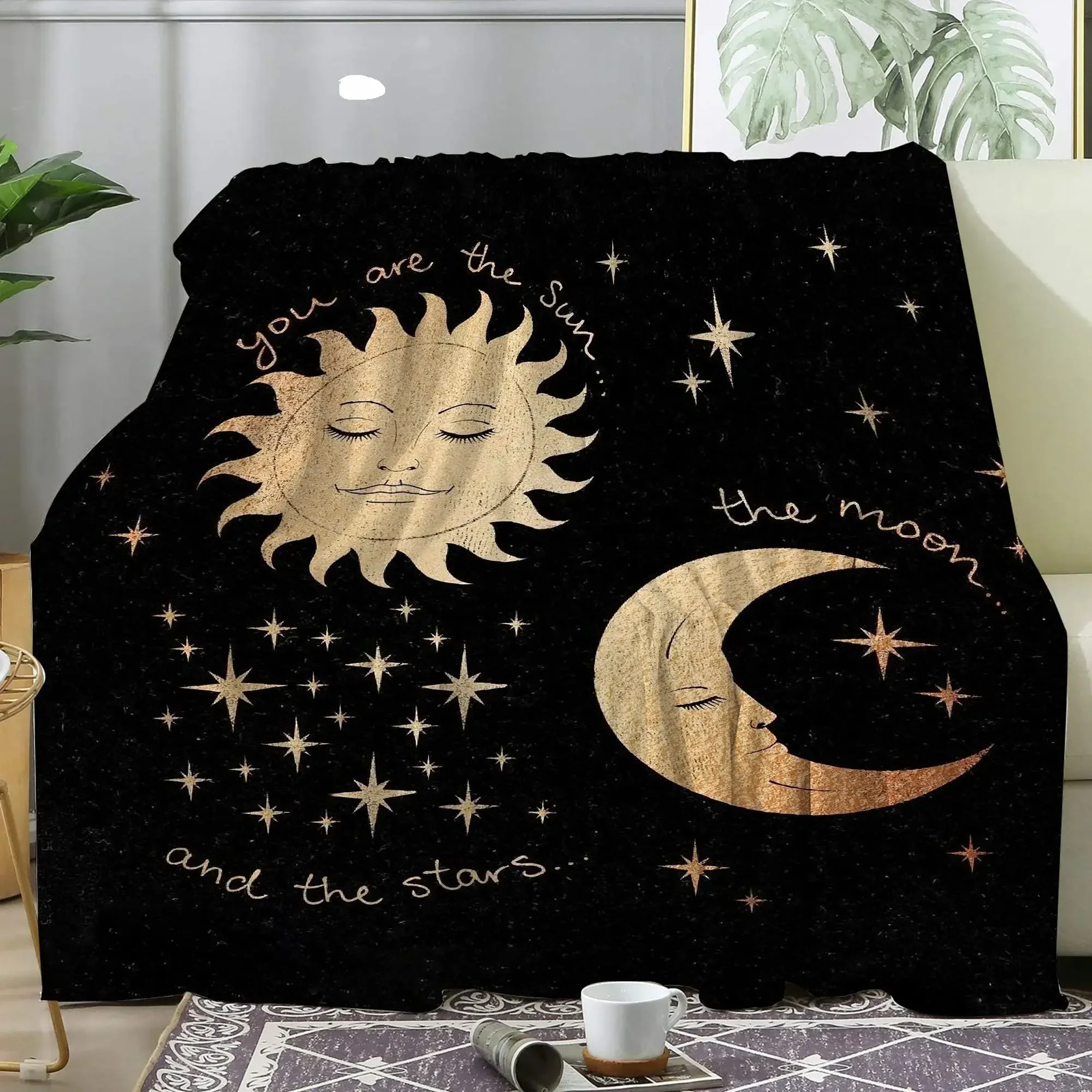 Flannel Throw Blankets Boho Chic Golden Sun Moon and Stars Blue Black Sky Antique Blankets Lightweight Luxury Blanket,Couch Bed 4