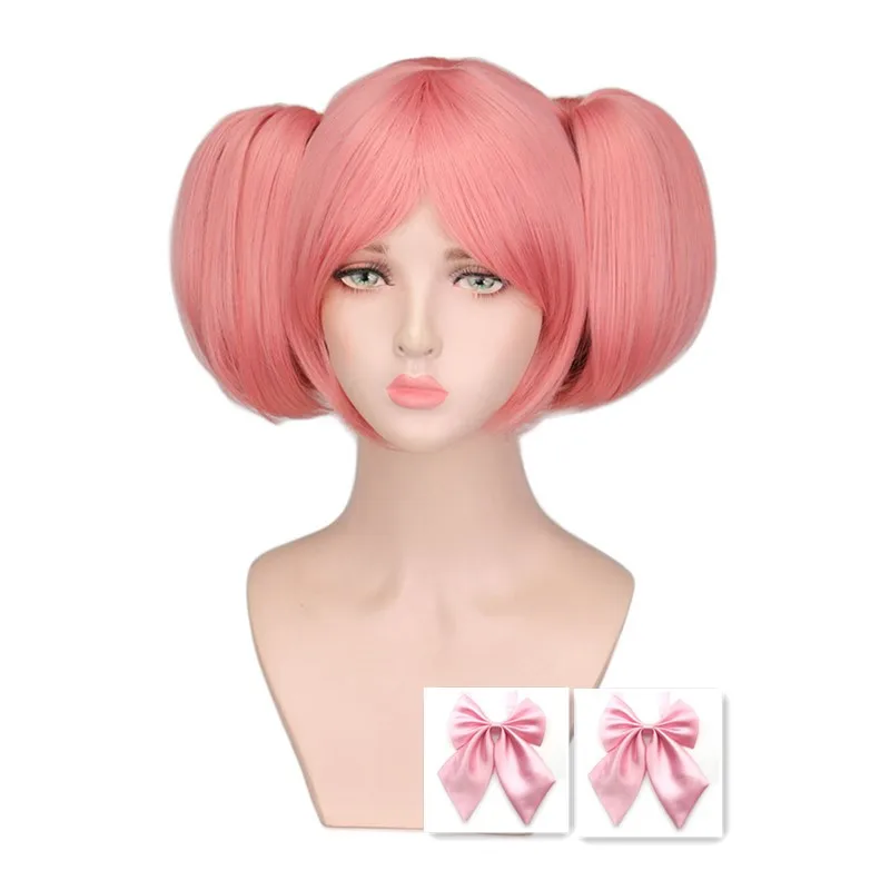 

Puella Magi Madoka Magica Madoka Kaname Cosplay Wigs Pink Short 2 Clip Ponytails Heat Resistant Synthetic Hair Wig + Wig Cap