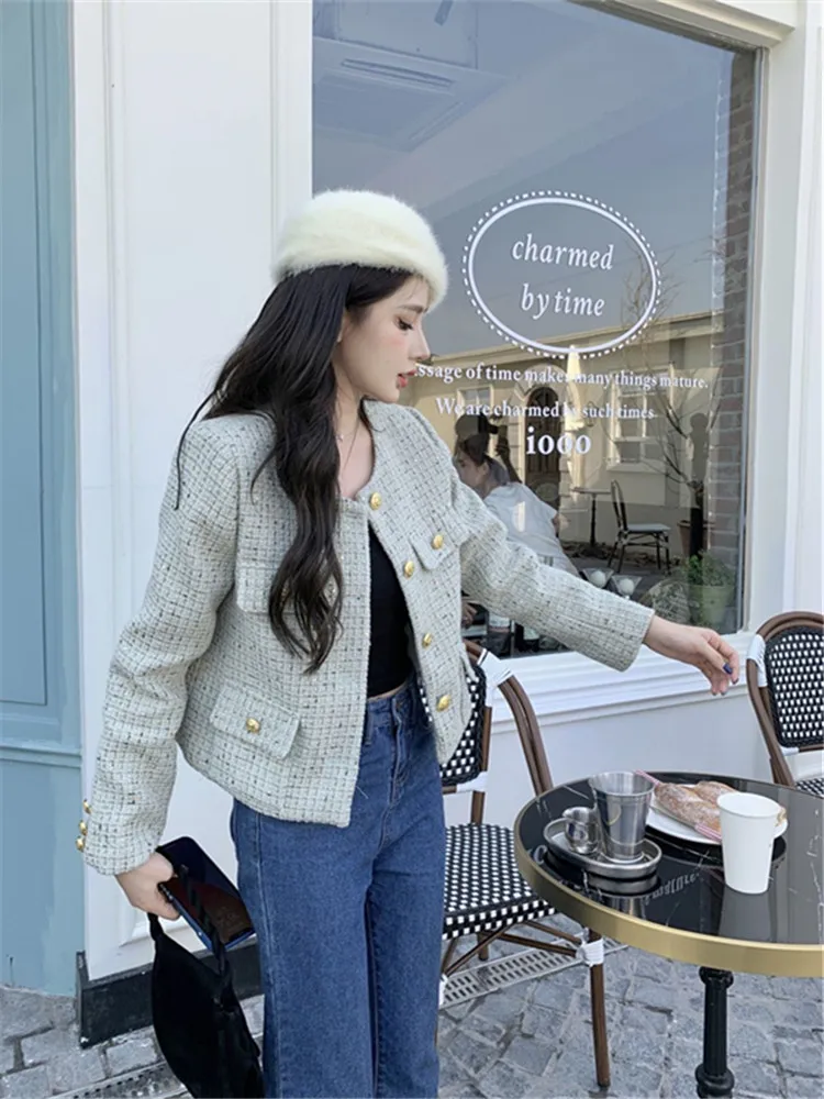 New Autumn Winter Vintage Off-white Tweed Weave Jacket Coat