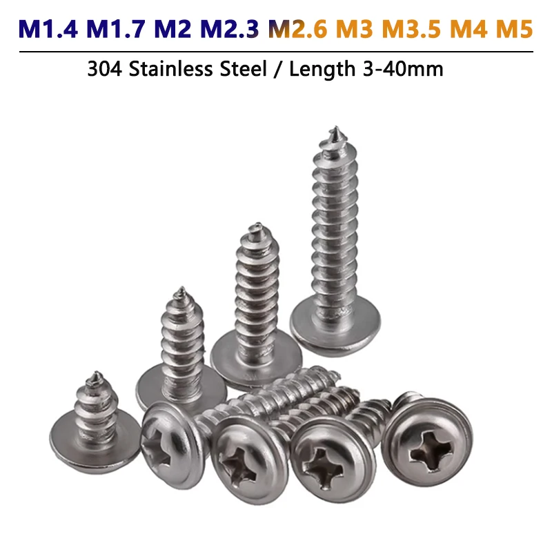 

M1.4 M1.7 M2 M2.3 M2.6 M3 M3.5 M4 M5 PWA 304 Stainless Steel Cross Phillips Round Head Self Tapping Screw with Washer