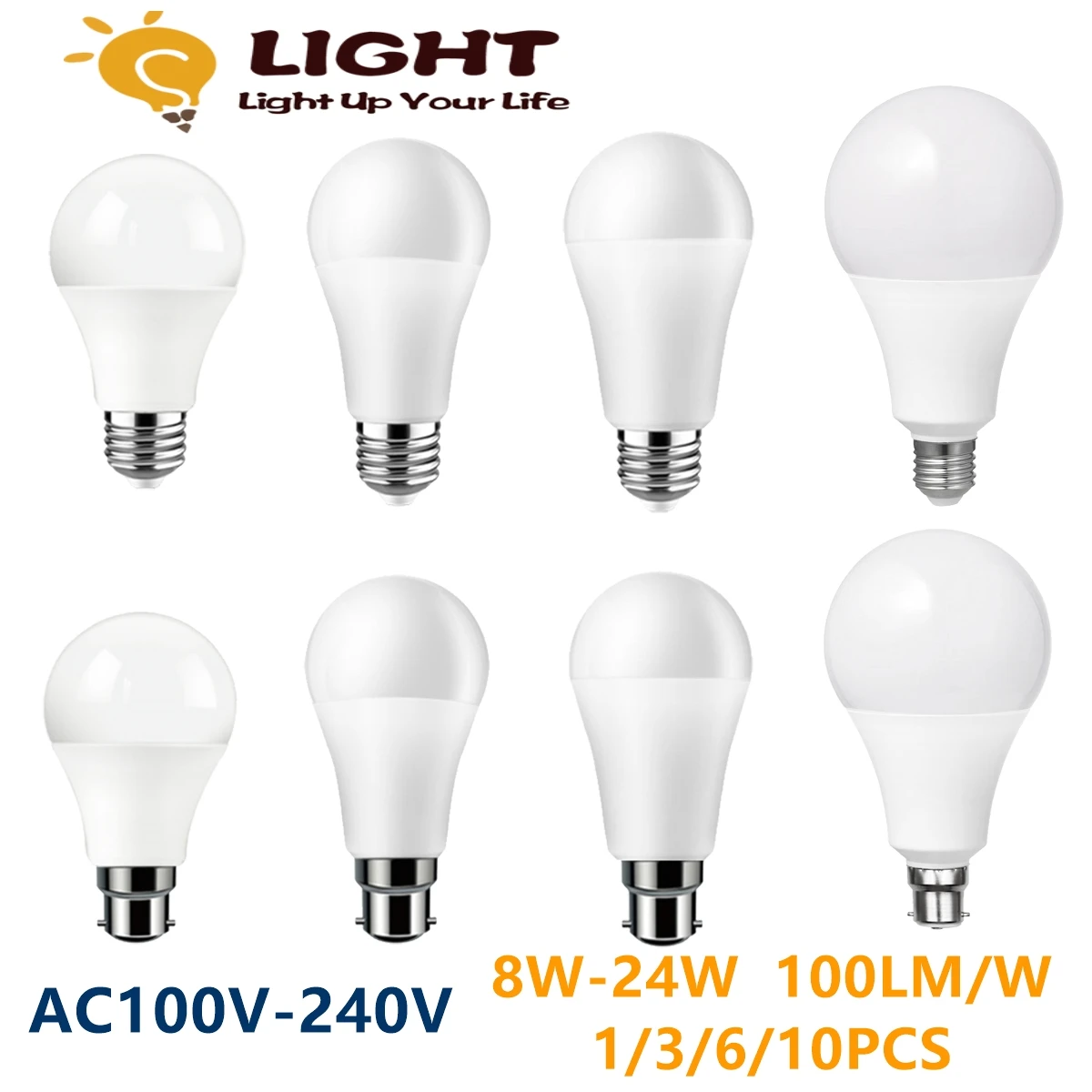 

1-10PCS LED bulb full voltage AC120V 220V 8W-24W E27 B22 high lumen without flicker 3000K/4000K/6000K warm white light