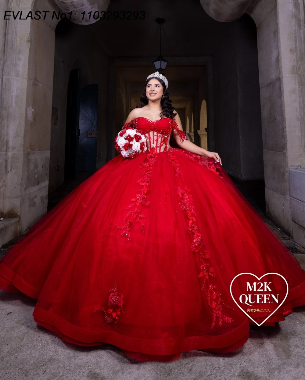 EVLAST Mexican Red Quinceanera Dress Ball Gown Floral Lace Applique Beading Corset Sweet 16 Vestido De 15 Anos E1Q315