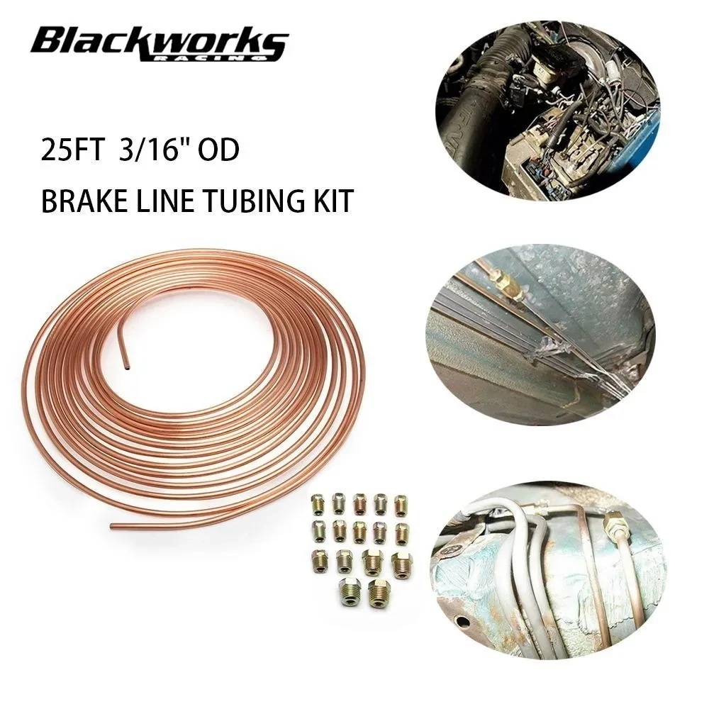 Brake Pipe Hose 25FT 7.62m Car Roll Tube Coil of 3/16" OD Copper Nickel Brake Pipe Tube Tubing 16PCS Nuts Galvanized Copper Hose Line Piping