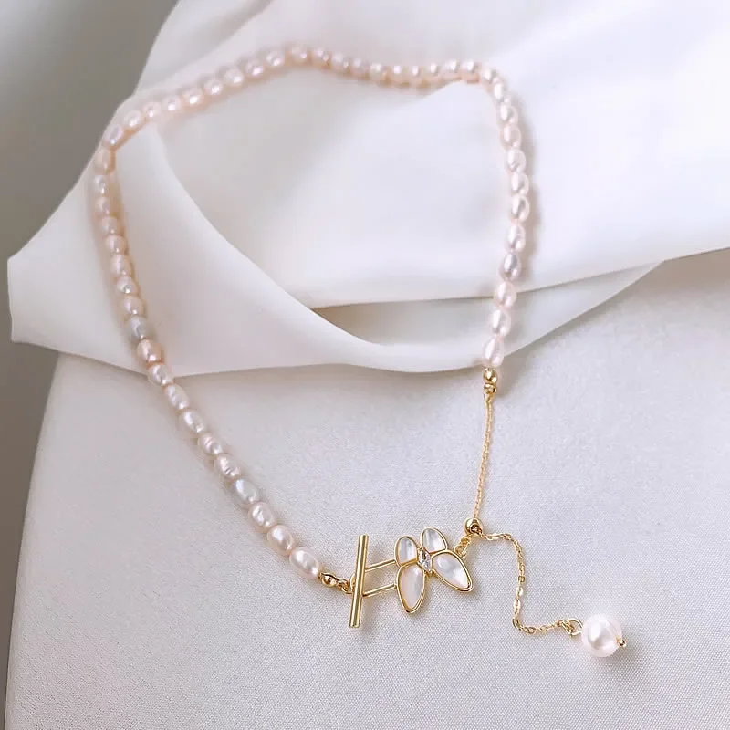 

Minar Cute Romantic Nature Freshwater Pearl Choker Necklaces for Women White Color Shell Butterfly Pendant Necklaces Accessories