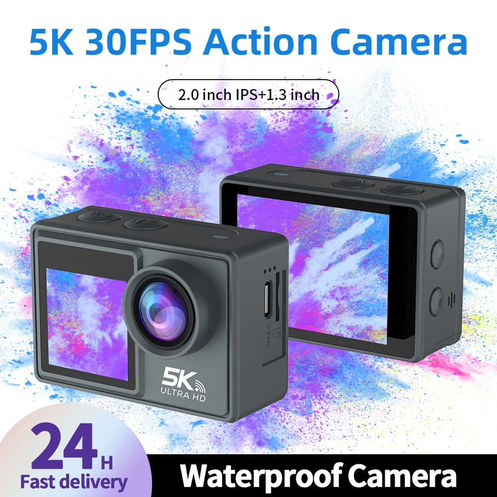 HD 야외 방수 스포츠 카메라, 듀얼 스크린, 2.4GHz 무선 손목 리모컨, C타입 와이파이 연결, 1050mAh, 2 인치