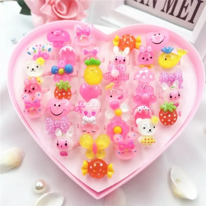 10pcs Children's Cartoon Rings Candy Flower Animal Bow Shape Ring Set Mix Finger Jewellery Rings Kid Girls Toys Dress up