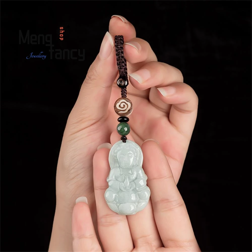 Original Natural A-goods Jadeite Buddha Goddess of Mercy Jade Car Key Chain Bag Pendant Simple Exquisite Fashion Couple Jewelry