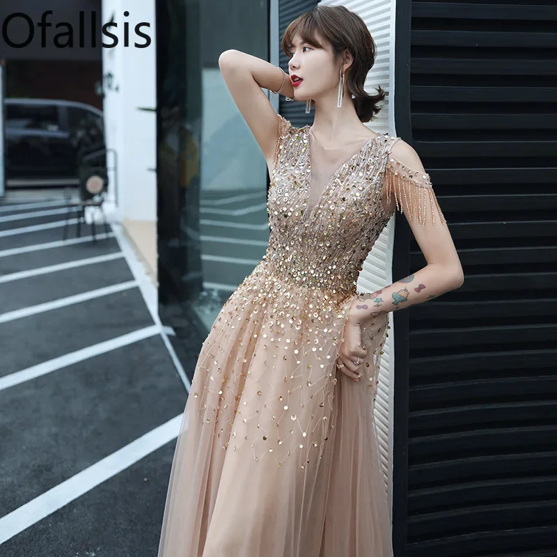 

Ofallsis Celebrity Banquet Tassel Evening Dress 2023 Spring New Style Shoulder Sequins Graduation Host Party Wedding Dresses