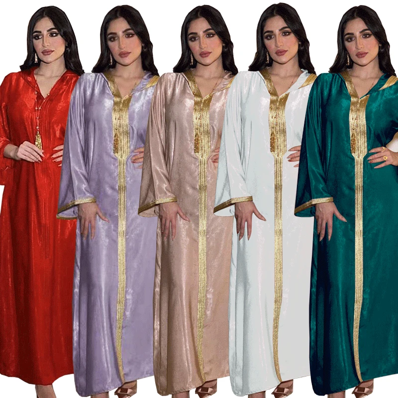 

Ramadan Abaya Turkey Middle East Champagne Hooded Lace Suede Robe Muslim Female Prayer Dress Long Sleeve Flowy Winter Party Gown