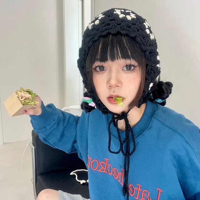French Hand Woven Beanie Hat Korean Cute Hollow Sweet Photo Crochet  Japanese Retro Hair Band for Women 2022 Hair Bonnet - AliExpress