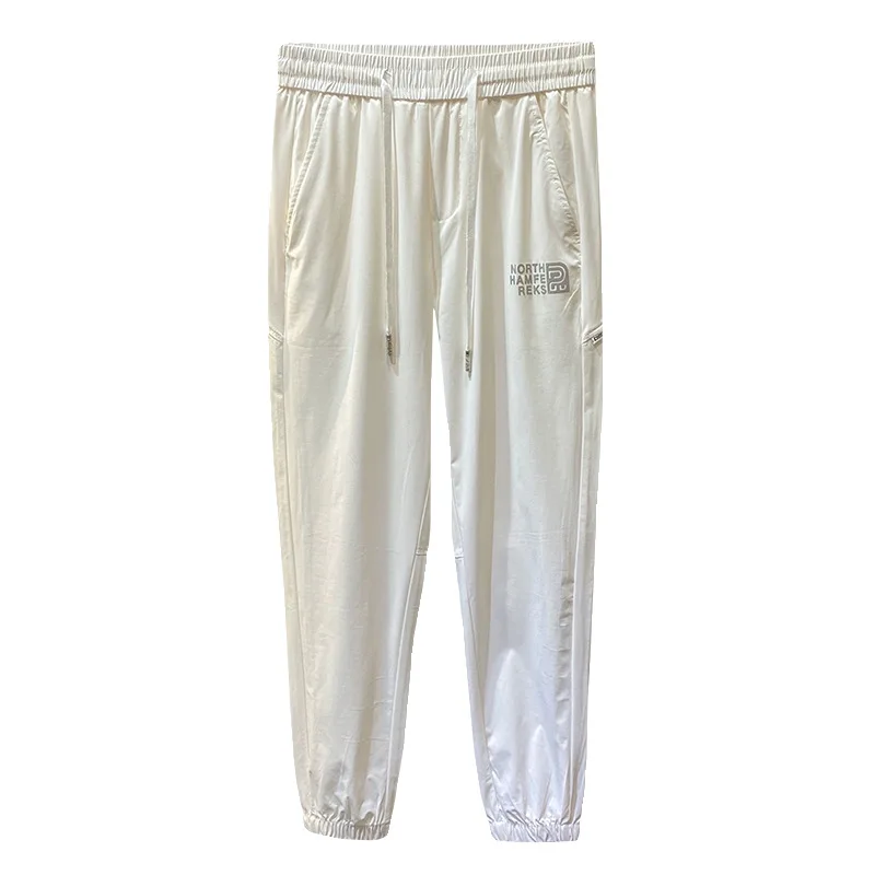 White Casual Pants Men's Summer Thin 2024 New Elastic Waist Slim Breathable Exercise Ankle-Tied Cropped Pants