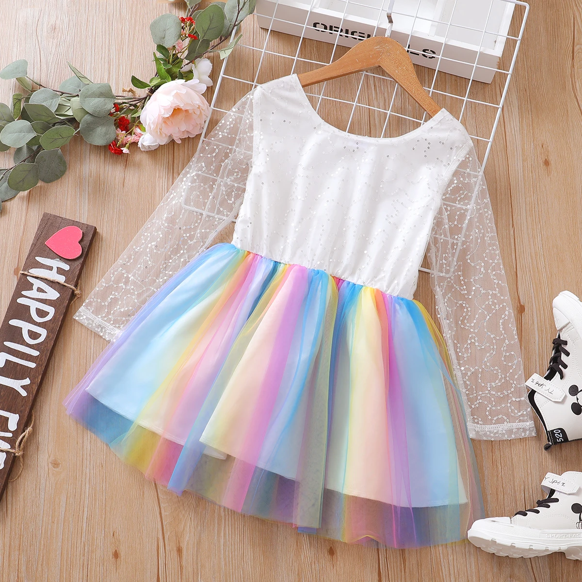 PatPat Kid Girl Dresses Sequined Long sleeve Gradient Color Mesh Splice