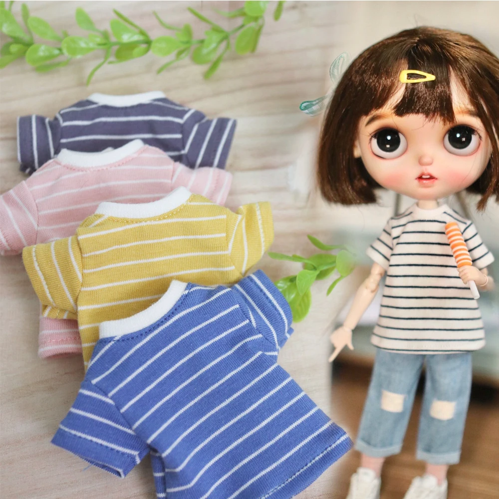 

H01-A007 children handmade toy 1/6 blyth ob24 19 joint azone doll clothes round neck striped T-shirt cute 1pcs