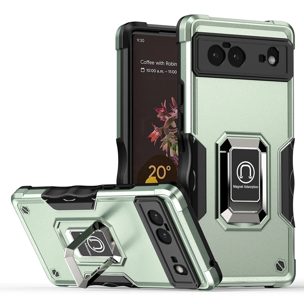 KEYSION Shockproof Armor Case for Google Pixel 6 Pro Silicone + PC Metal Ring Stand Phone Back Cover for Google Pixel 6 _voghion.com