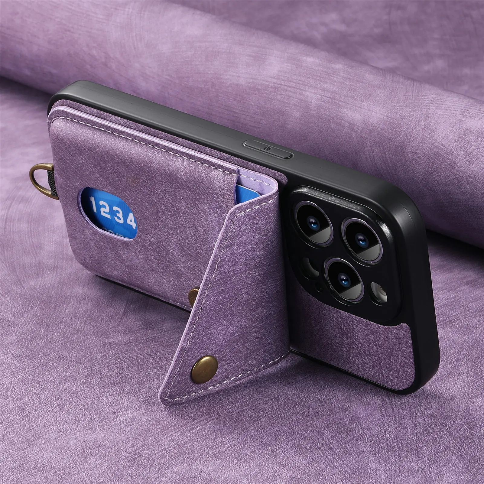 PU Leather Flip Wallet Card Holder Case with Stand, Lanyard, and Shockproof Bumper Cover