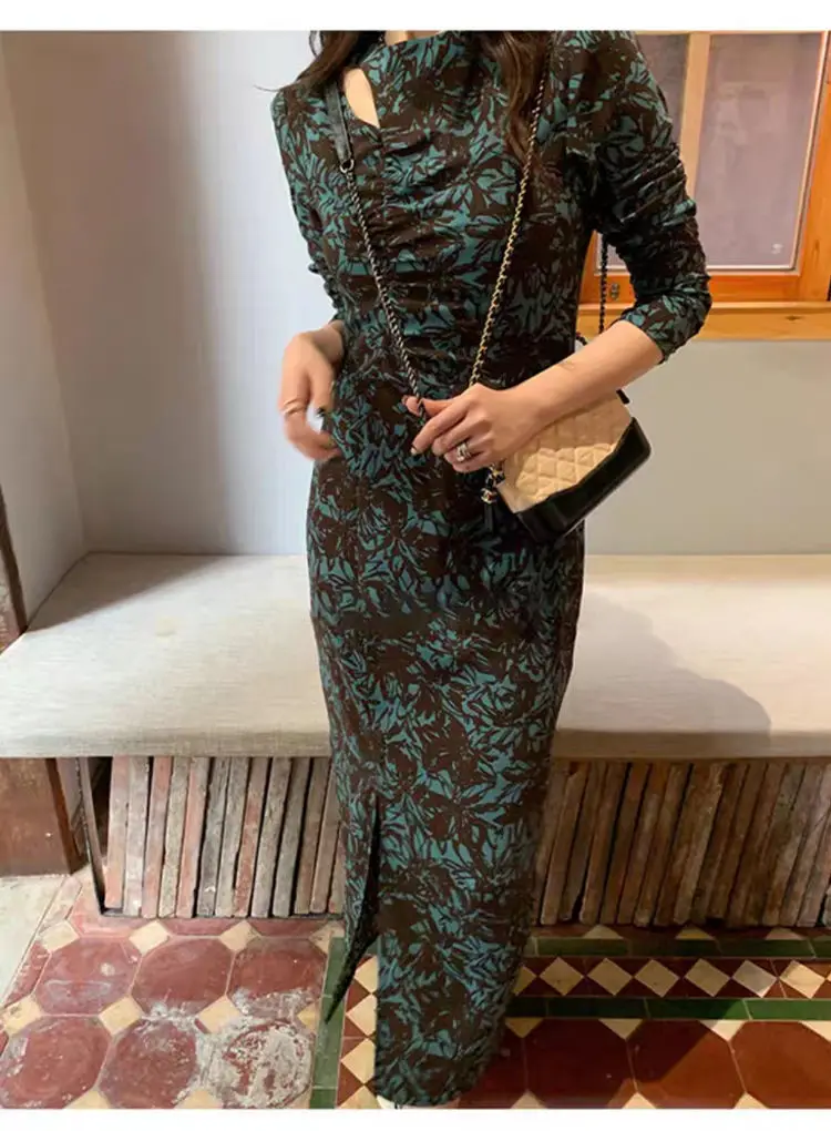 Long Sleeve Dress Women Elegant Midi Floral Tender French Style Night Party Retro Boho Vestidos Classic Ulzzang Hole Slit Y2k mother of the bride dresses