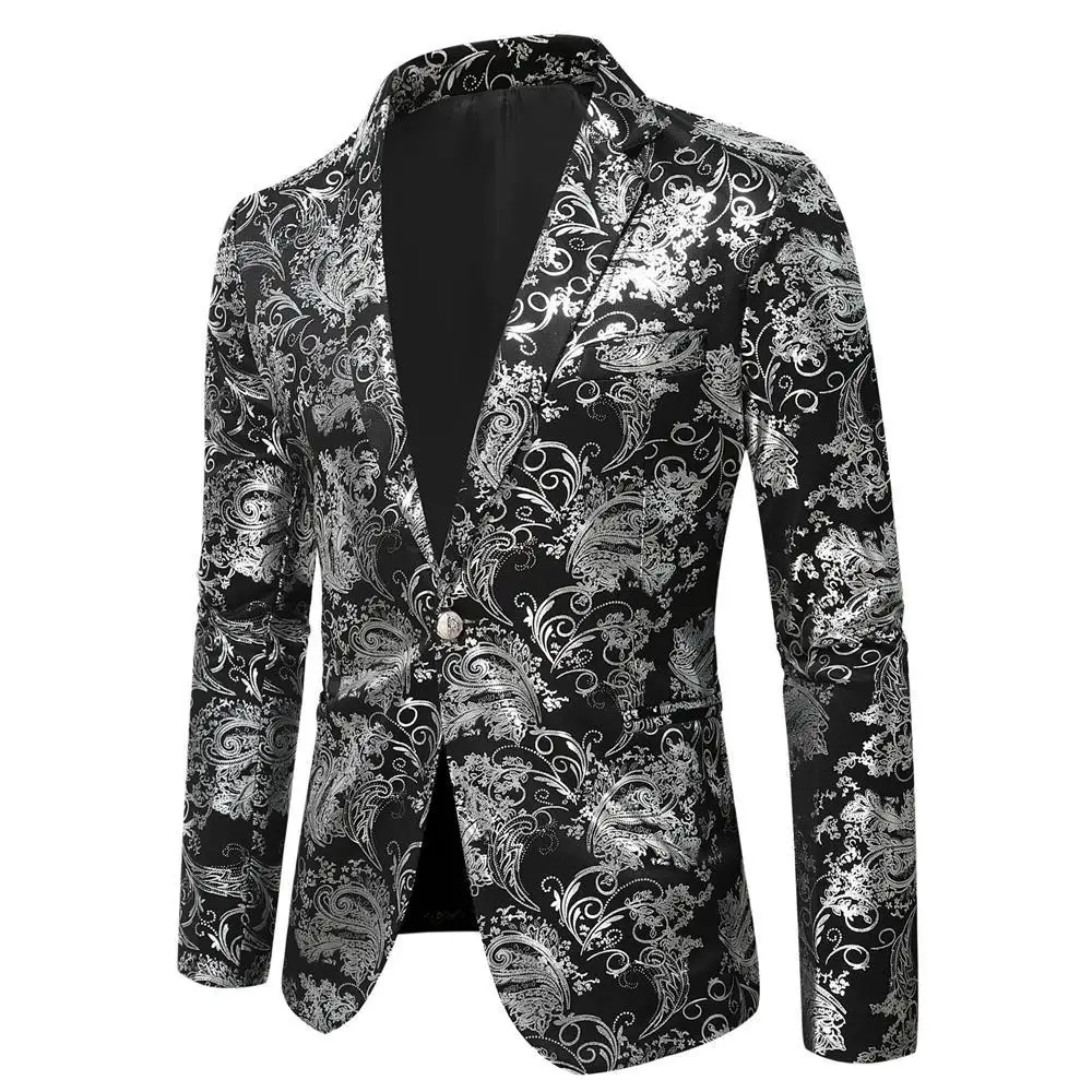 Printed Men Suit Jacket Single Button Fashion Man Clothes Nightclub DJ Singer Stage Casual Gold Silver Male Slim Fit Blazer Coat