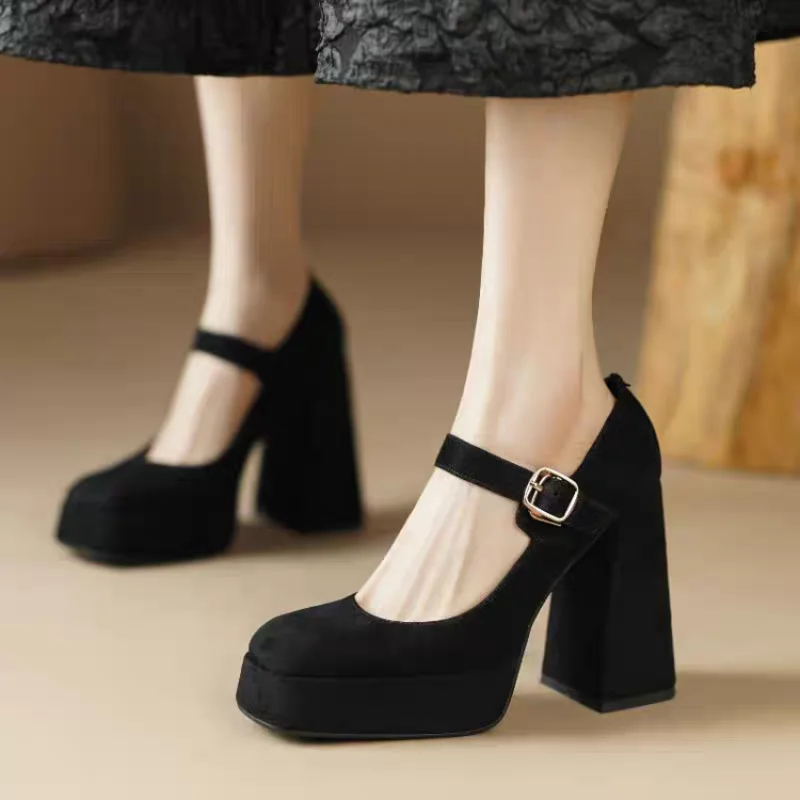 2024 New Spring Fashion Simplicity Heels Waterproof Genuine Leather Square Toe Pumps Sexy Buckle New Chunky Heels Fashion Casual