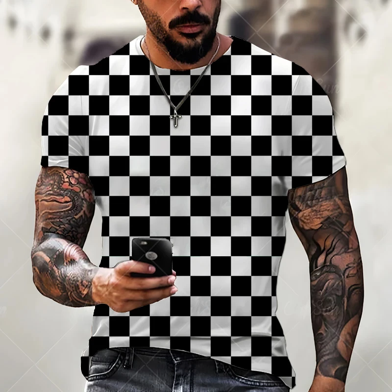 

Men's Trendy New T-shirt 3D Print Square Check Graphic T Shirts Harajuku Short-sleeve Tops Men Clothing Versatile Oversized Tees